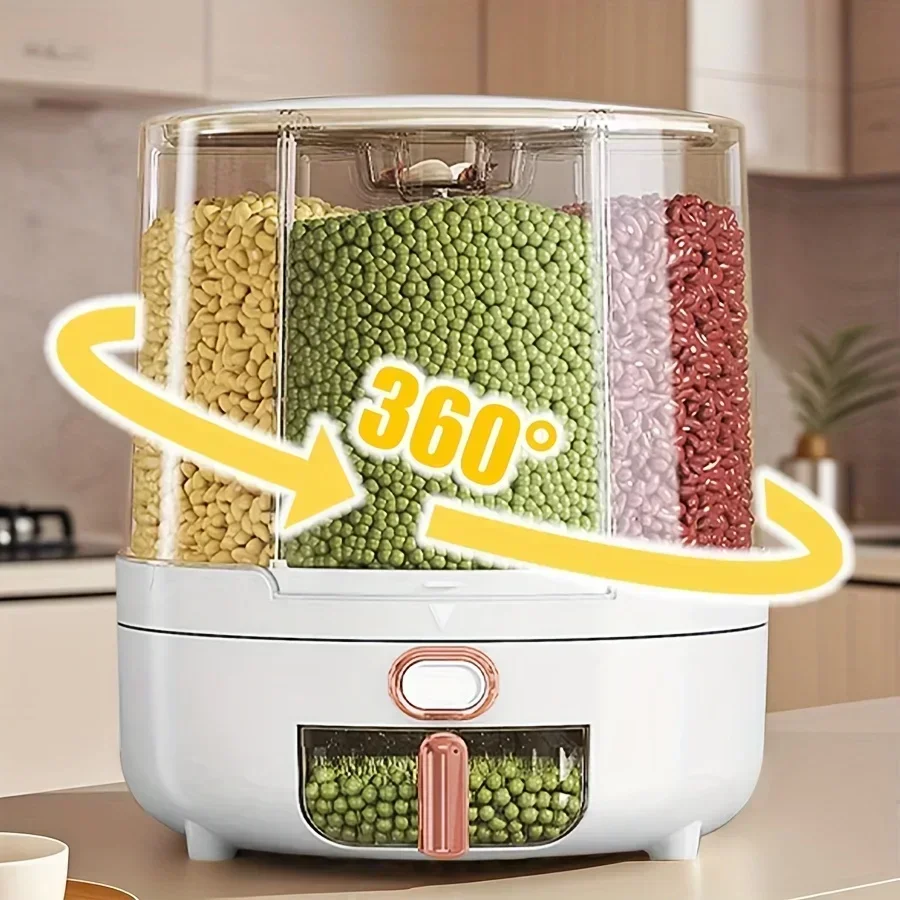 Kitchen Gadgets Organizer - 6-คอมพาร์เมนท์ 360 ° ภาชนะเก็บอาหารแบบหมุนได้ - ป้องกันความชื้นสำหรับซีเรียล