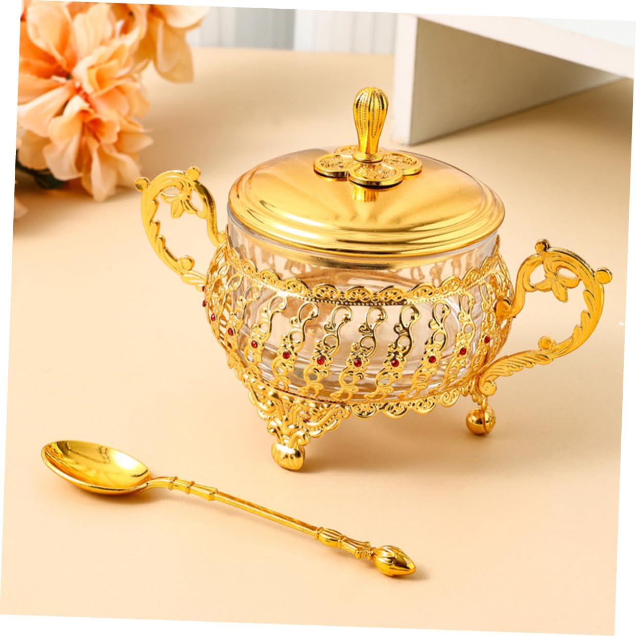 ชามน้ําตาลพร้อมฝาปิดและช้อนแก้ - Kitchen Gadgets Gold บทวิจารณ์และราคา